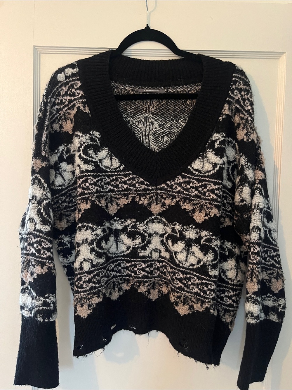 Anthropologie V-Neck Fair Isle Sweater in Black, Cream and lavender
